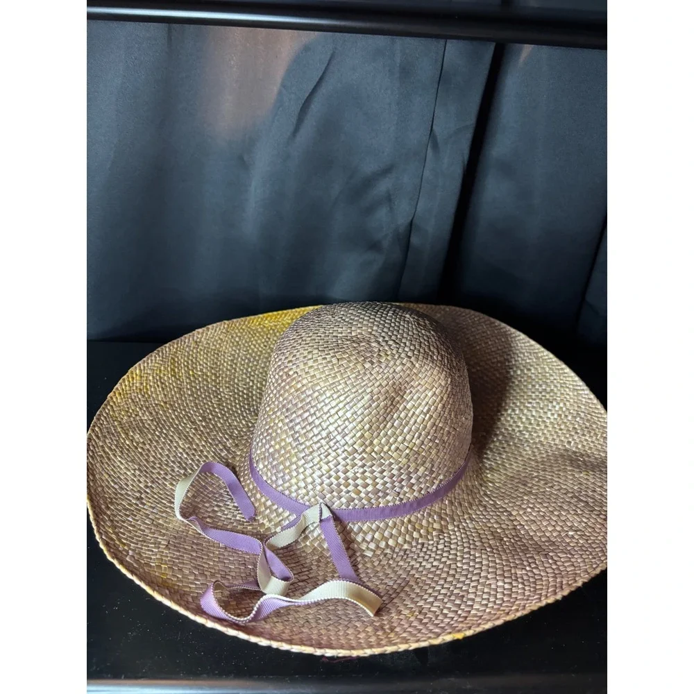 Betmar New York Woven Straw Sun Hat Wide Brim Purple Ribbon Tan Summer Beach